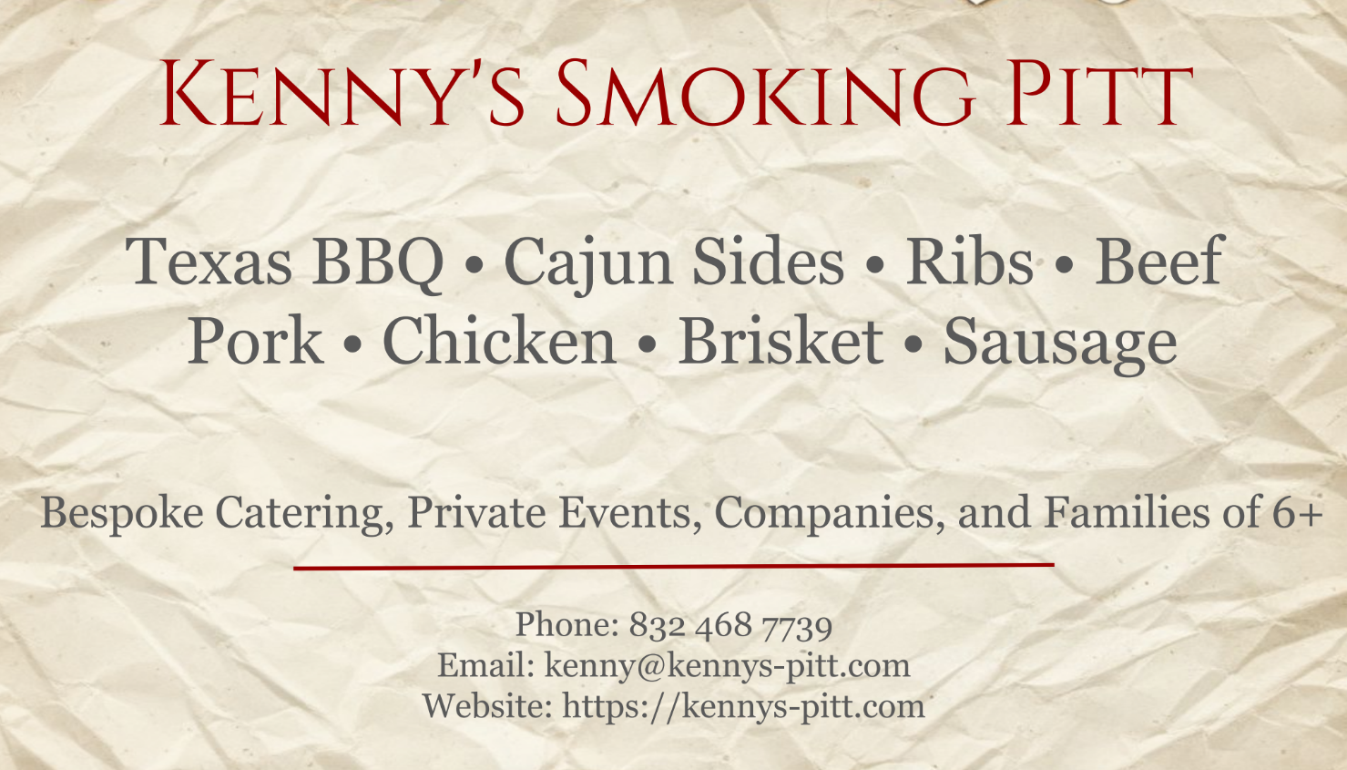 Our contact information, kenny@kennys-pitt.com and phone number 832 468 7739